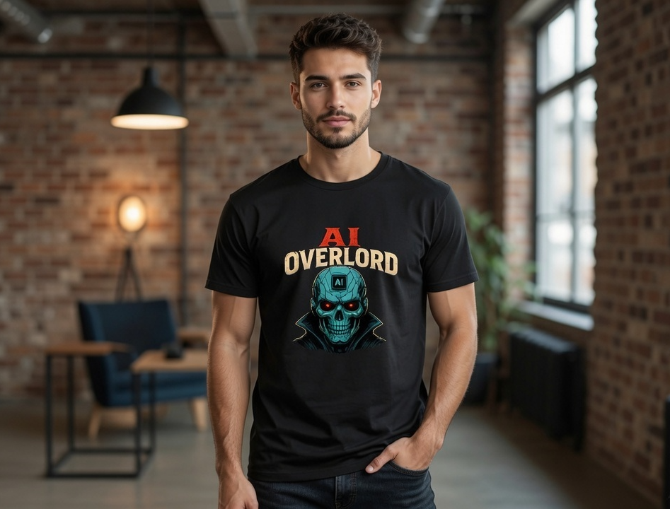 A man wearing a black graphic t-shirt with 'AI OVERLORD' and a teal robot skull design, standing in a modern brick-walled office space.