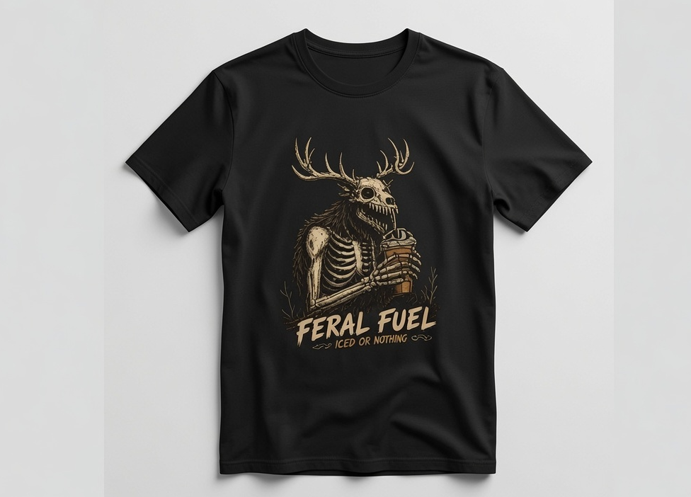 A black short-sleeve crewneck t-shirt with a graphic of a Wendigo holding a mug, with the text 'FERAL FUEL' and 'ICED OR NOTHING' printed below, displayed on a light gray background.