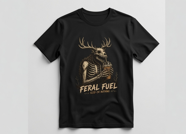 A black short-sleeve crewneck t-shirt with a graphic of a Wendigo holding a mug, with the text 'FERAL FUEL' and 'ICED OR NOTHING' printed below, displayed on a light gray background.