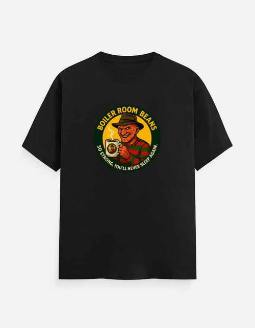 Boiler Room Beans Horror Coffee T-Shirt | Retro Slasher Parody Graphic Tee