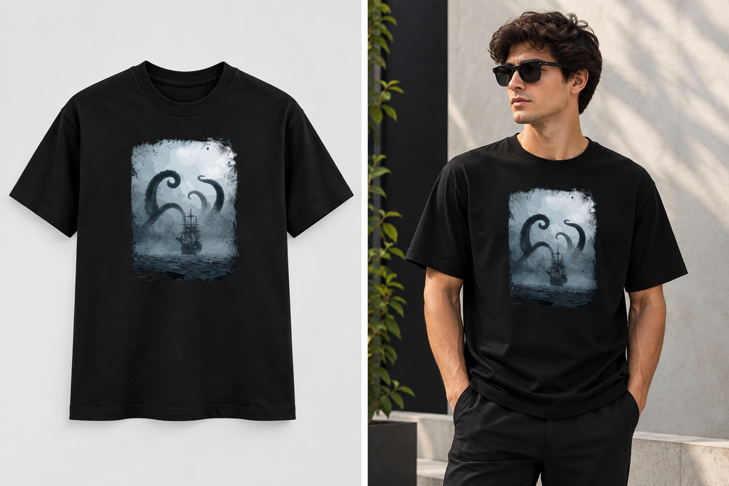 A black short-sleeve T-shirt with a large rectangular graphic print on the chest, shown both as a flat product shot and modeled by a man wearing sunglasses and black pants in an outdoor setting.