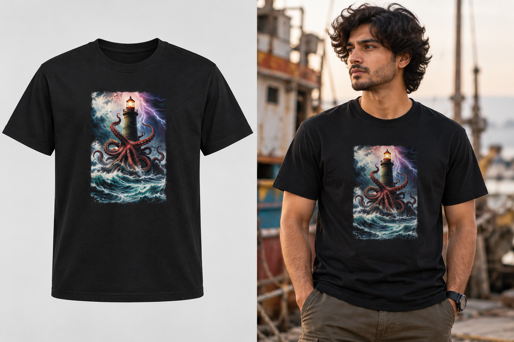 A black short-sleeve graphic T-shirt shown on a plain light background on the left, and worn by a man on a dock on the right. The shirt features a large rectangular fantasy-style print of a lighthouse surrounded by dark tentacles in blue, purple, and red tones.