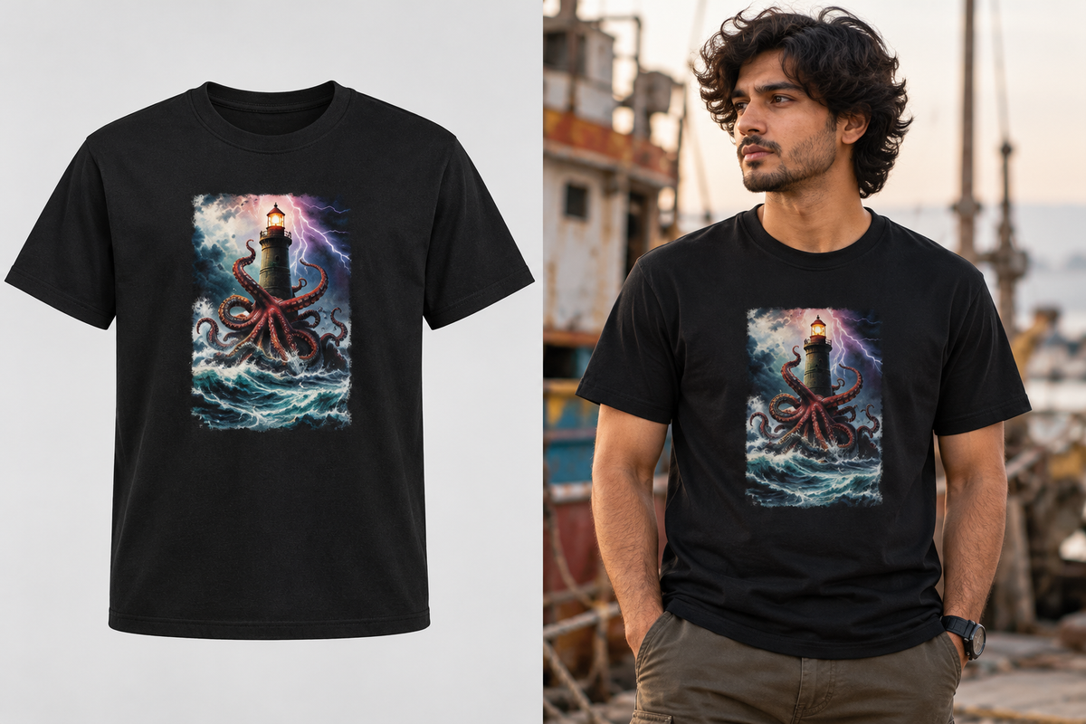 A black short-sleeve graphic T-shirt shown on a plain light background on the left, and worn by a man on a dock on the right. The shirt features a large rectangular fantasy-style print of a lighthouse surrounded by dark tentacles in blue, purple, and red tones.