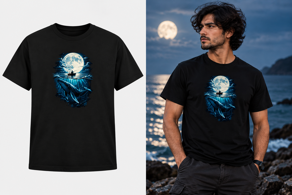A black short-sleeve graphic T-shirt shown on a plain light background on the left, and worn by a man standing outdoors by the ocean at dusk under a full moon on the right. The shirt features a blue-toned wave scene with a large moon and a small boat silhouette.