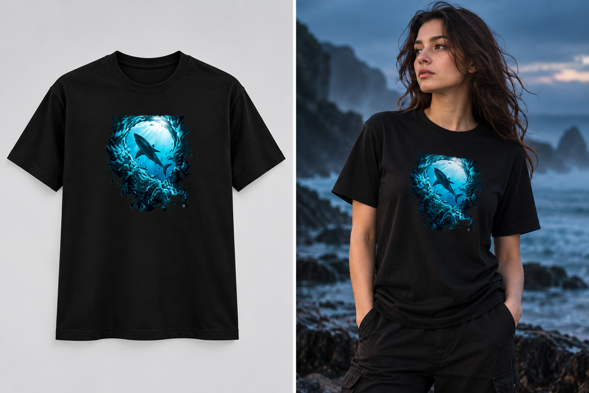 A black short-sleeve T-shirt with a large blue and white shark graphic on the chest, shown both as a flat product shot on a light gray background and worn by a woman standing outdoors by the ocean at dusk.