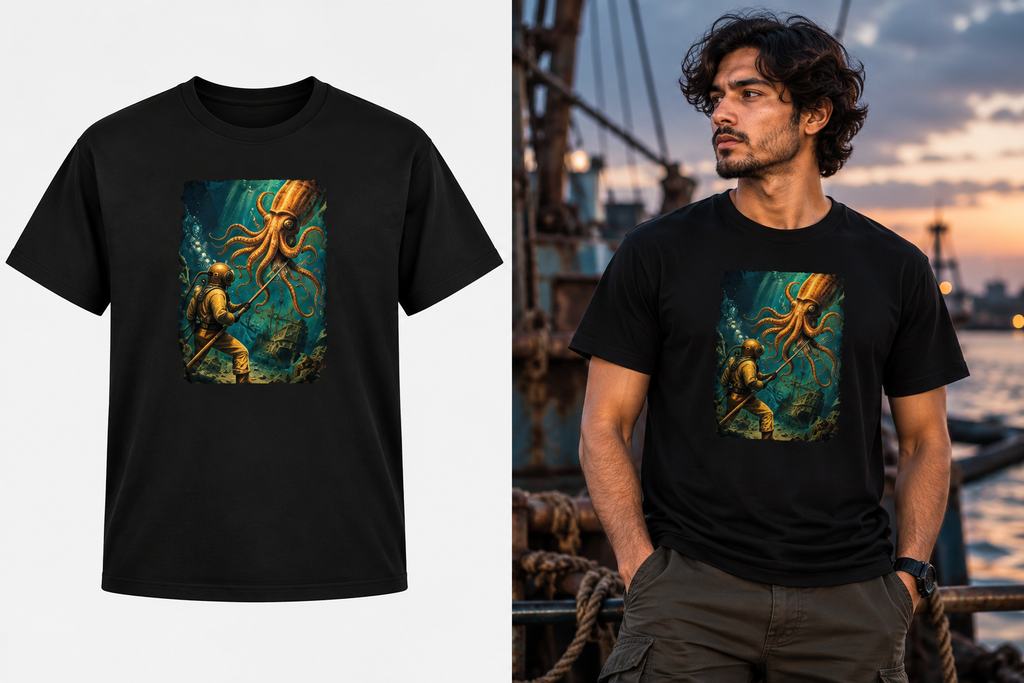 A black short-sleeve graphic T-shirt shown on a plain light background on the left, and worn by a man standing on a dock at sunset on the right. The shirt features a large rectangular ocean-themed print with a diver and a giant octopus in teal, gold, and brown tones.