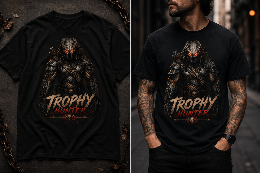 A black short-sleeve graphic T-shirt featuring a large Predator-like creature print with the words 'TROPHY HUNTER' in stylized orange and white lettering. The left panel shows the shirt laid flat on a dark textured surface, and the right panel shows a man wearing the shirt in a dim urban setting.