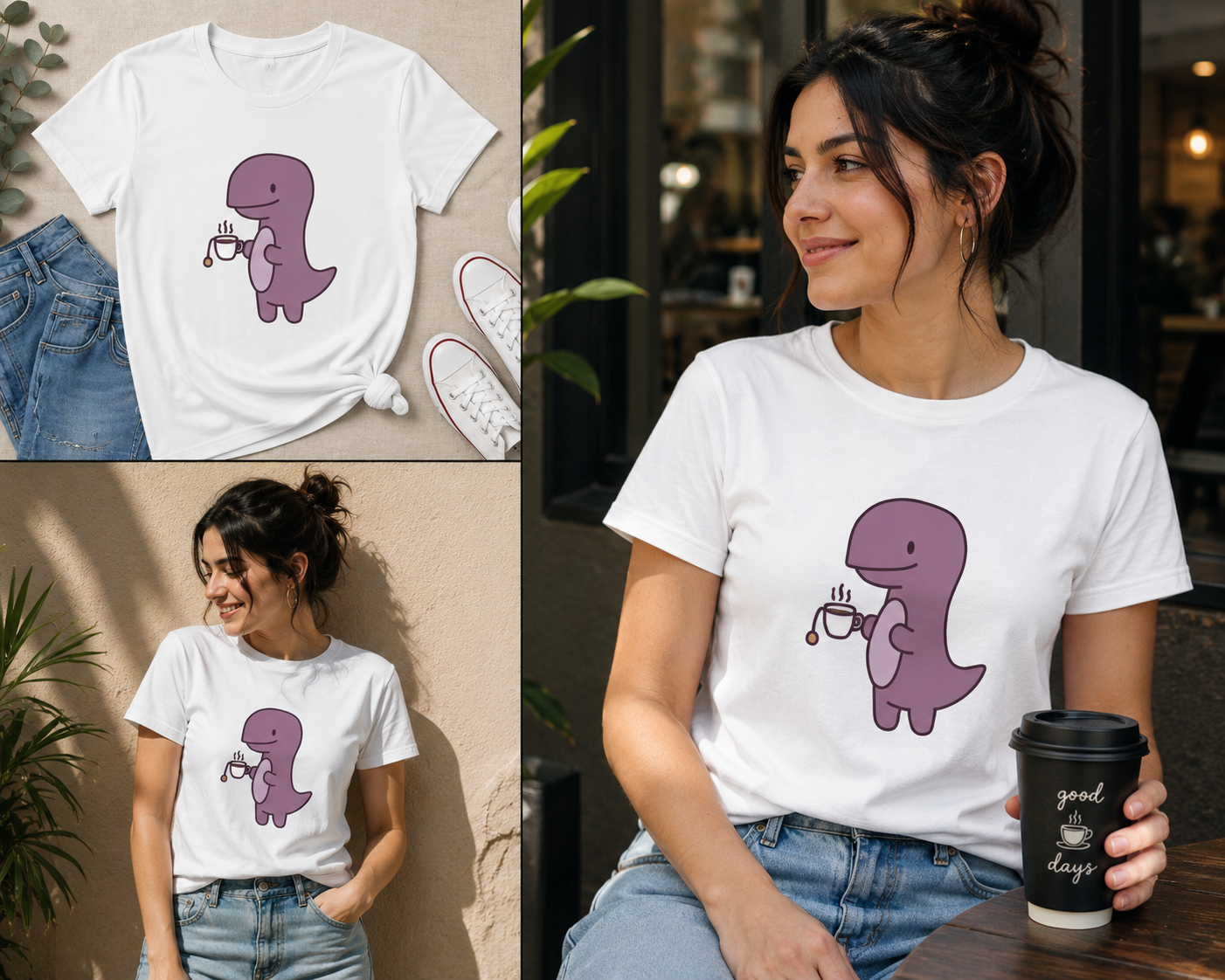 Cute Purple Dinosaur Coffee T-Shirt for Women – Funny Dino Holding Coffee Mug Graphic Tee | Soft White Casual Top