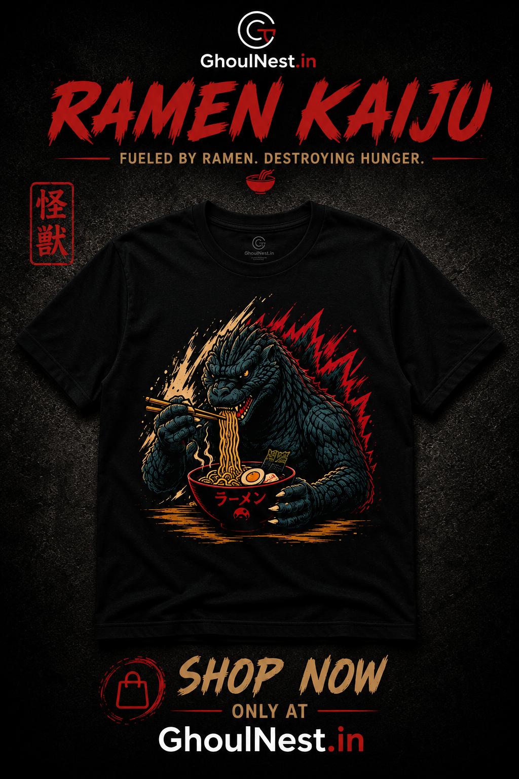 A black short-sleeve graphic t-shirt featuring a stylized kaiju monster eating ramen, displayed on a dark textured background with promotional text for Ghoulnest.in.