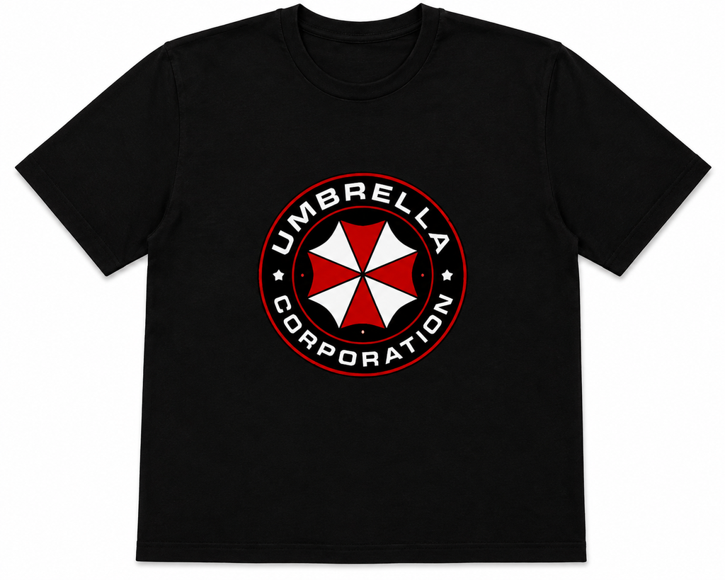 A black short-sleeve crewneck t-shirt featuring the red and white Umbrella Corporation logo from Resident Evil printed on the chest.