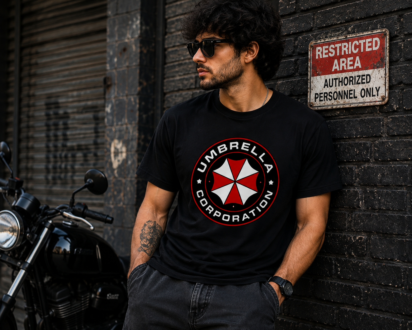 A man wearing a black t-shirt with a red and white Umbrella Corporation logo from Resident Evil, leaning against a dark brick wall next to a motorcycle.