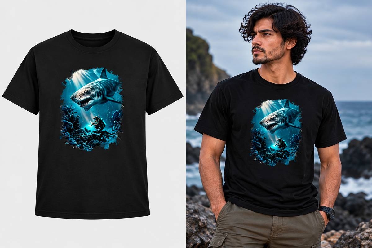 A black short-sleeve t-shirt with a blue and white shark graphic print, shown both as a flat product mockup on the left and worn by a man on a rocky beach on the right.