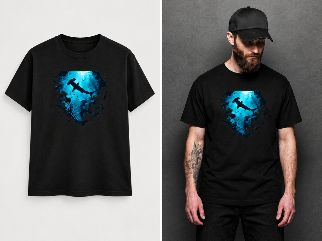 A black short-sleeve t-shirt with a blue and black hammer-and-sledgehammer graphic on the chest, shown both as a flat product mockup on the left and worn by a man on the right against a dark gray background.