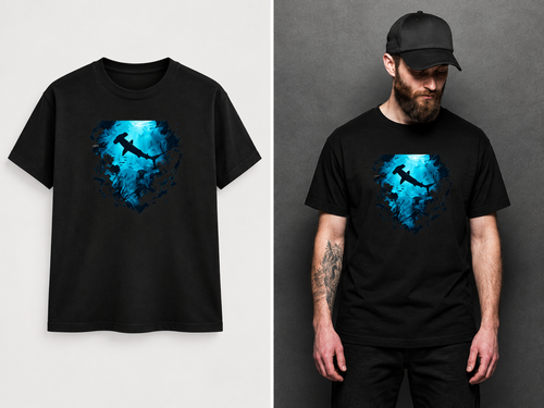 A black short-sleeve t-shirt with a blue and black hammer-and-sledgehammer graphic on the chest, shown both as a flat product mockup on the left and worn by a man on the right against a dark gray background.