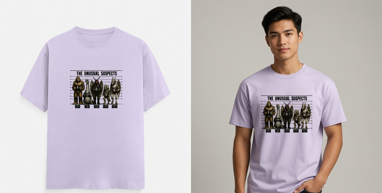 A light lavender crewneck t-shirt with a graphic print of a mugshot featuring the text 'THE UNUSUAL SUSPECTS' and four figures, shown both as a flat product mockup and modeled by a man against a neutral gray background.