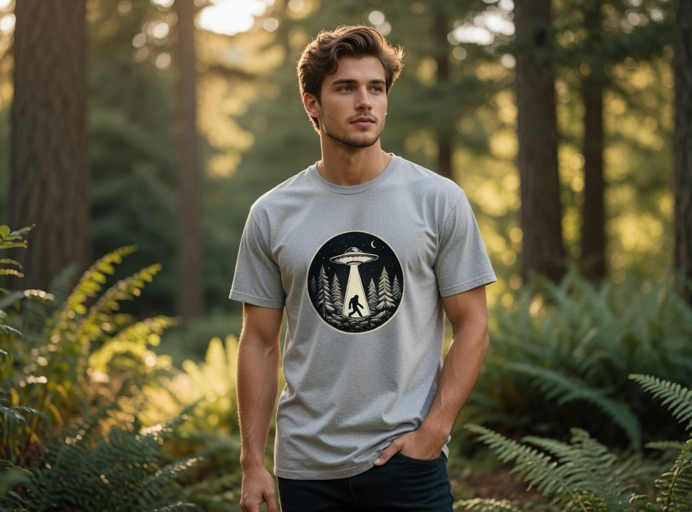 UFO Bigfoot Encounter T-Shirt – Cryptid Forest Beam Tee | Ghoul Nest