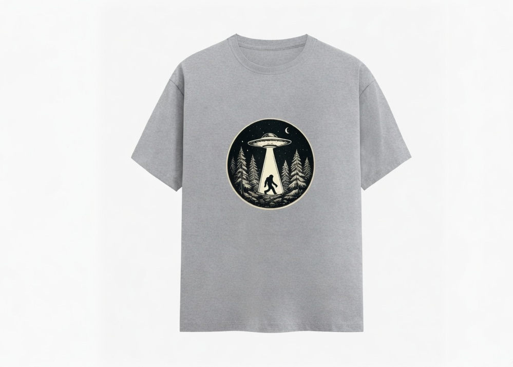 A light gray short-sleeve crewneck t-shirt featuring a circular black and cream graphic on the chest with a UFO, beam of light, pine trees, and a figure.