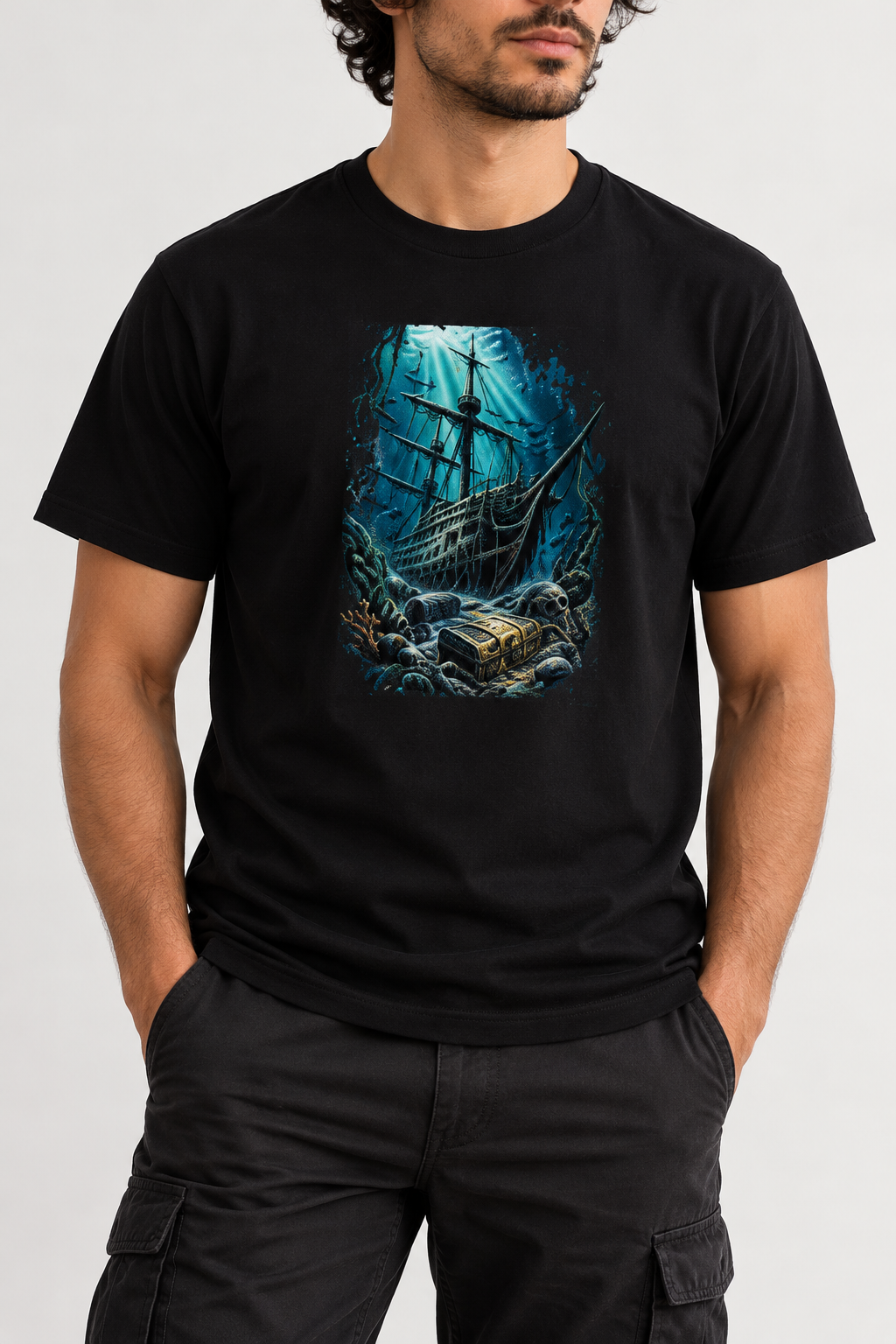 A man wearing a black short-sleeve t-shirt with a detailed graphic print of a sunken treasure chest and shipwreck on the chest, paired with black cargo pants against a light gray background.