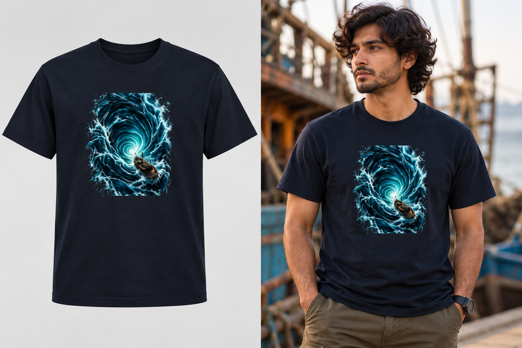 A split-screen product presentation of a navy blue t-shirt. The left side shows the t-shirt isolated on a light gray background, displaying a graphic of a trawler caught in a whirlpool and white ocean wave.