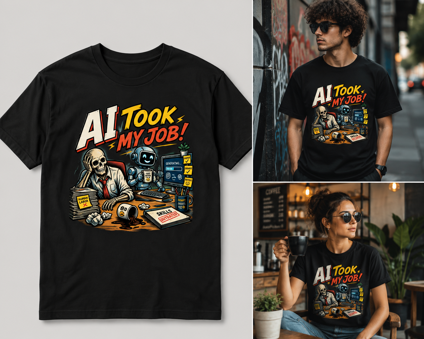 AI Took My Job – Funny AI Graphic T-Shirt | Retro Skeleton Tee