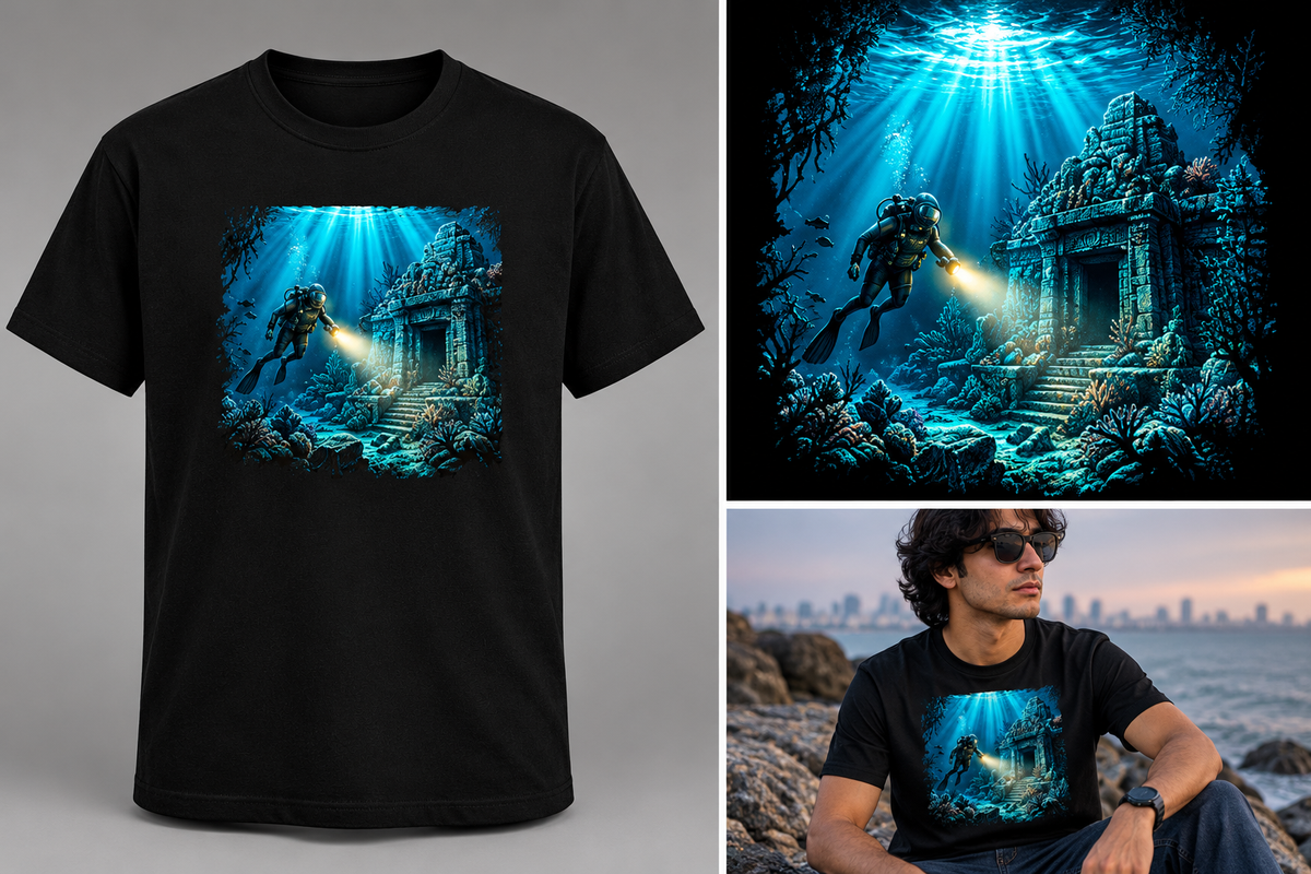 Sunken Sanctuary – Underwater Temple Graphic T-Shirt