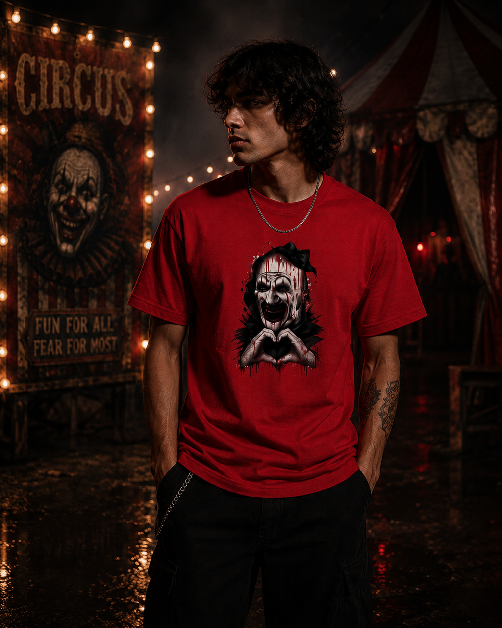 A man wearing a red graphic t-shirt with a horror clown print, standing in a dark, atmospheric circus-themed environment with string lights and a circus poster in the background.