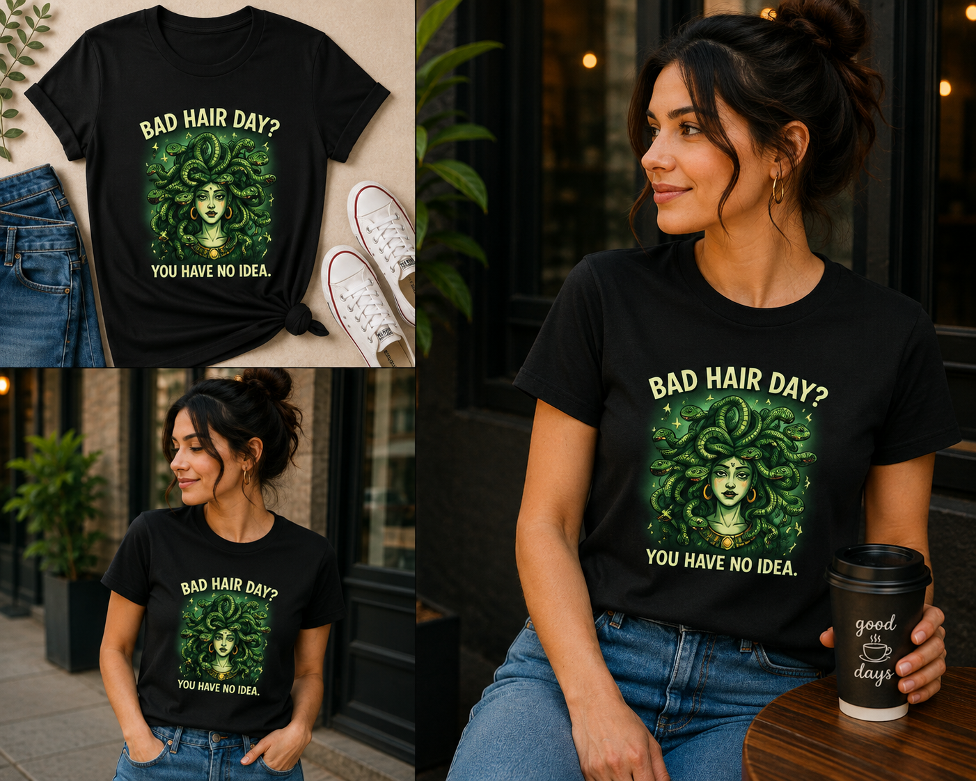 Bad Hair Day Medusa T-Shirt – Funny Mythology Graphic Tee for Women