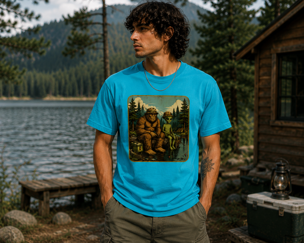 Bigfoot & Alien Gone Fishing T-Shirt | Funny Cryptid Camping Graphic Tee