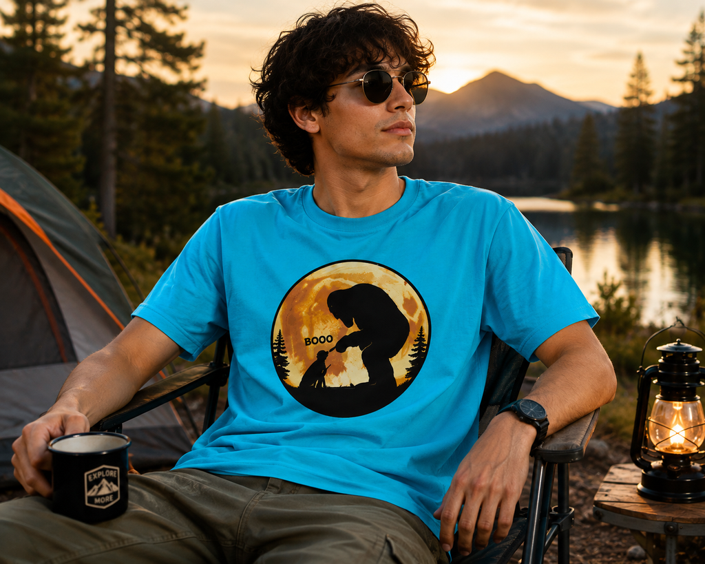 A man wearing a bright blue t-shirt with a bear silhouette camping graphic sits in a chair outdoors at sunset, holding a mug next to a lantern and a tent.