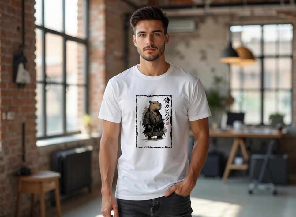 A man wearing a white crewneck t-shirt with a black and brown bear graphic print, standing in a modern loft-style room with brick walls and large windows.
