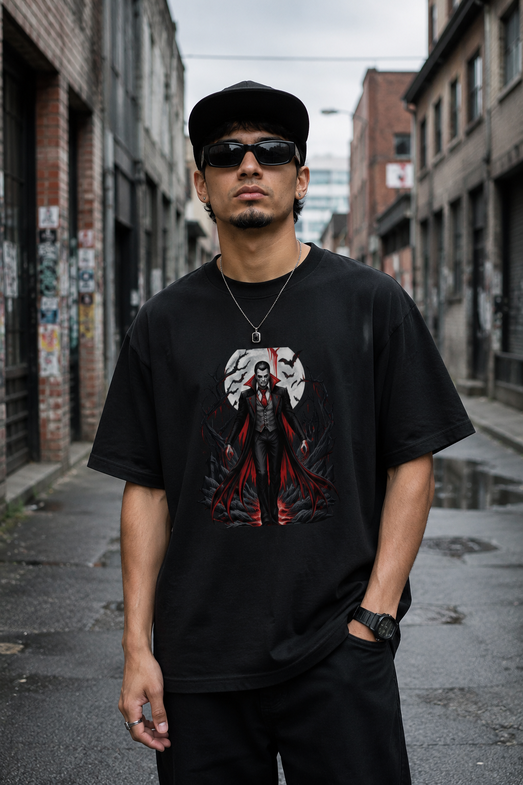 A man wearing a black graphic t-shirt with a vampire design, black pants, and a black cap, standing in an urban alleyway.