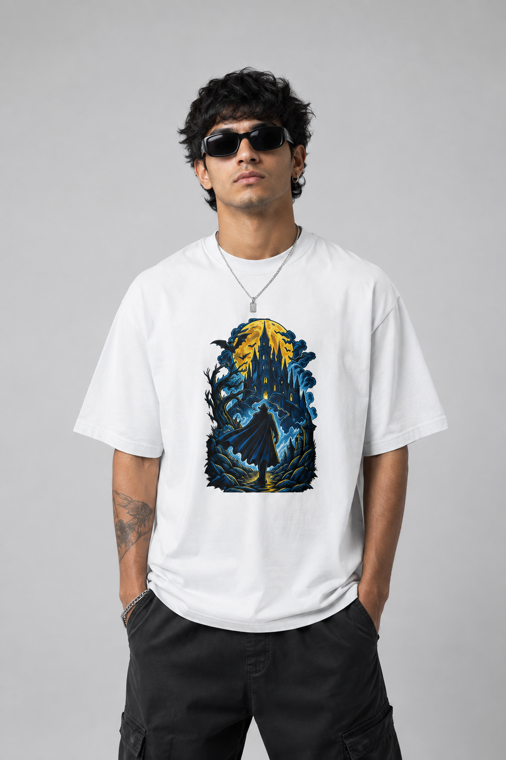 A man wearing a white graphic t-shirt with a detailed blue and yellow fantasy illustration on the front, paired with black cargo pants and sunglasses, against a solid gray studio background.