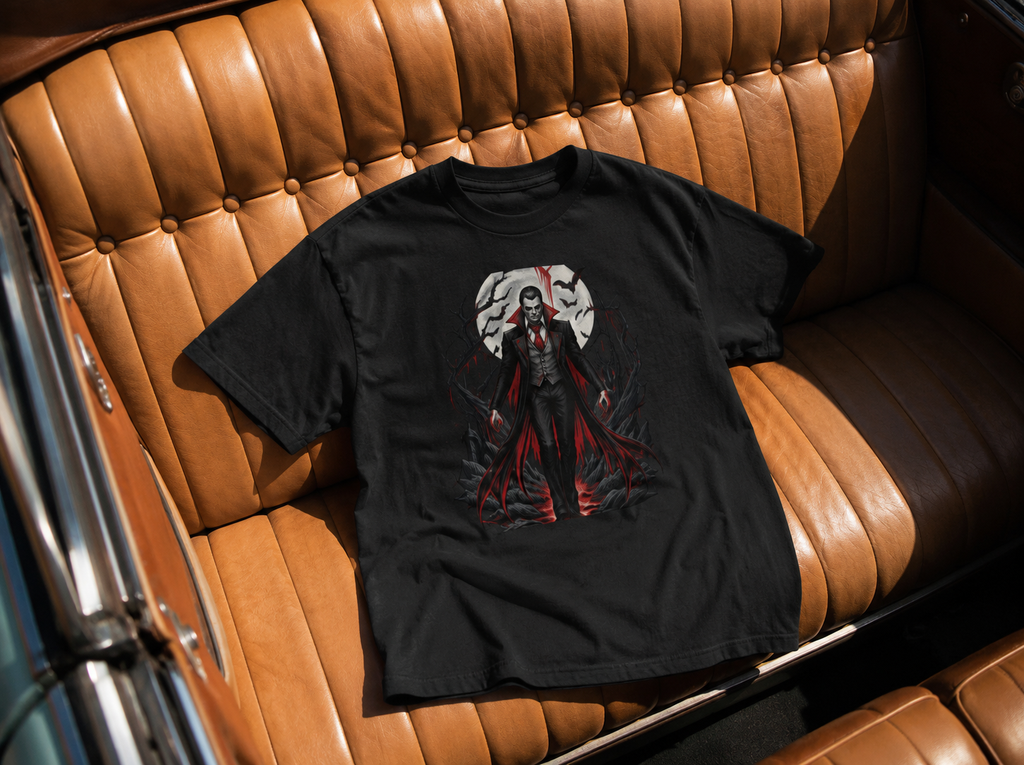 A black short-sleeve graphic T-shirt laid flat on a brown leather tufted car seat. The shirt features a gothic-style illustration of a vampire-like figure with red flowing fabric and a white circular moon background.