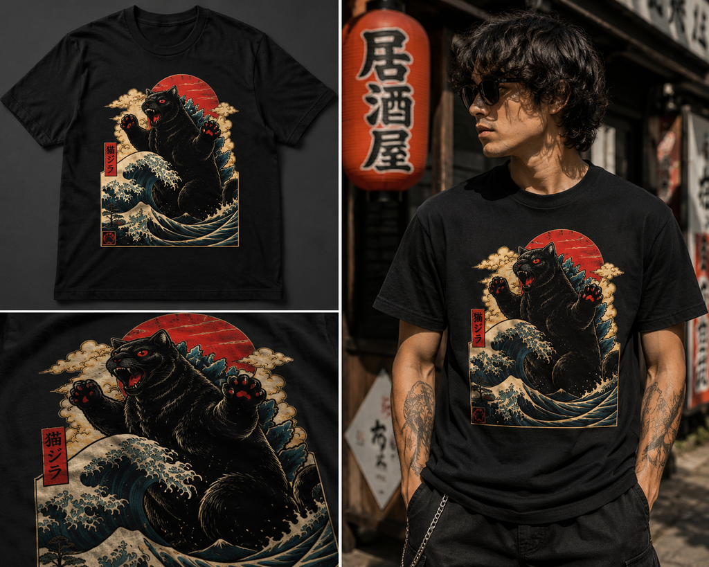 A black graphic T-shirt featuring a stylized Godzilla design in a Japanese ukiyo-e style, shown in a split layout with a close-up of the shirt graphic and a model wearing it in an outdoor street setting.