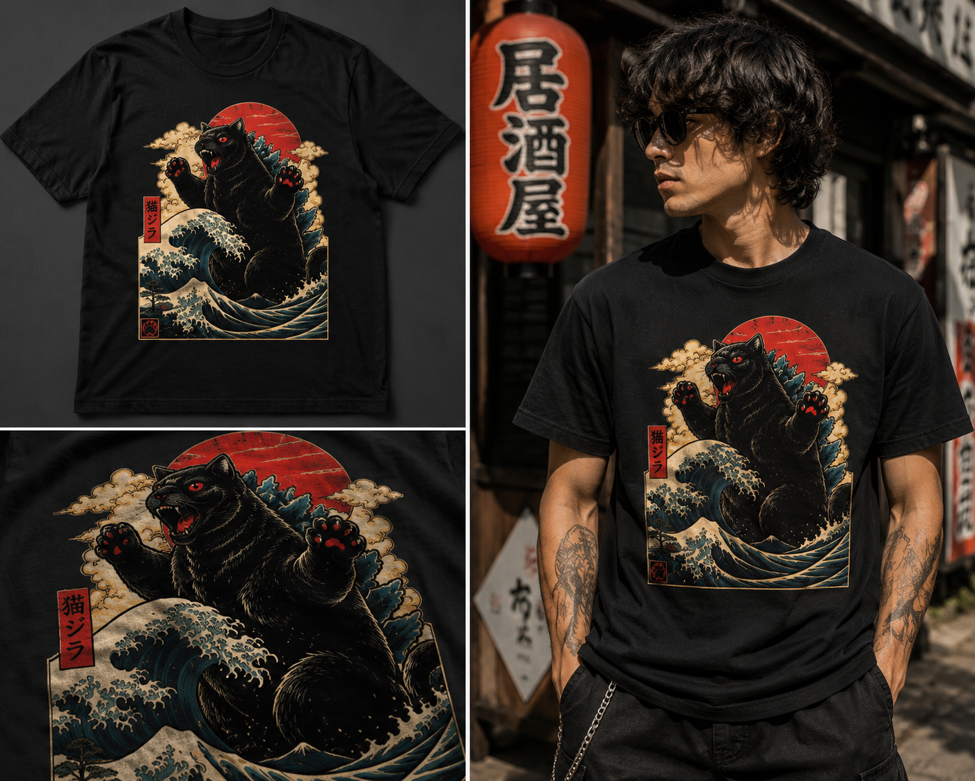 A black graphic T-shirt featuring a stylized Godzilla design in a Japanese ukiyo-e style, shown in a split layout with a close-up of the shirt graphic and a model wearing it in an outdoor street setting.