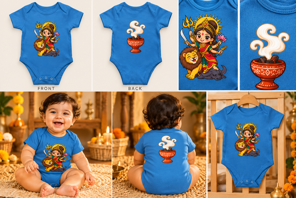 A baby bodysuit shown in multiple views: front, back, and worn by a baby in a warm indoor setting. The bodysuit is bright blue with a colorful cartoon graphic of a warrior character and a red cauldron.