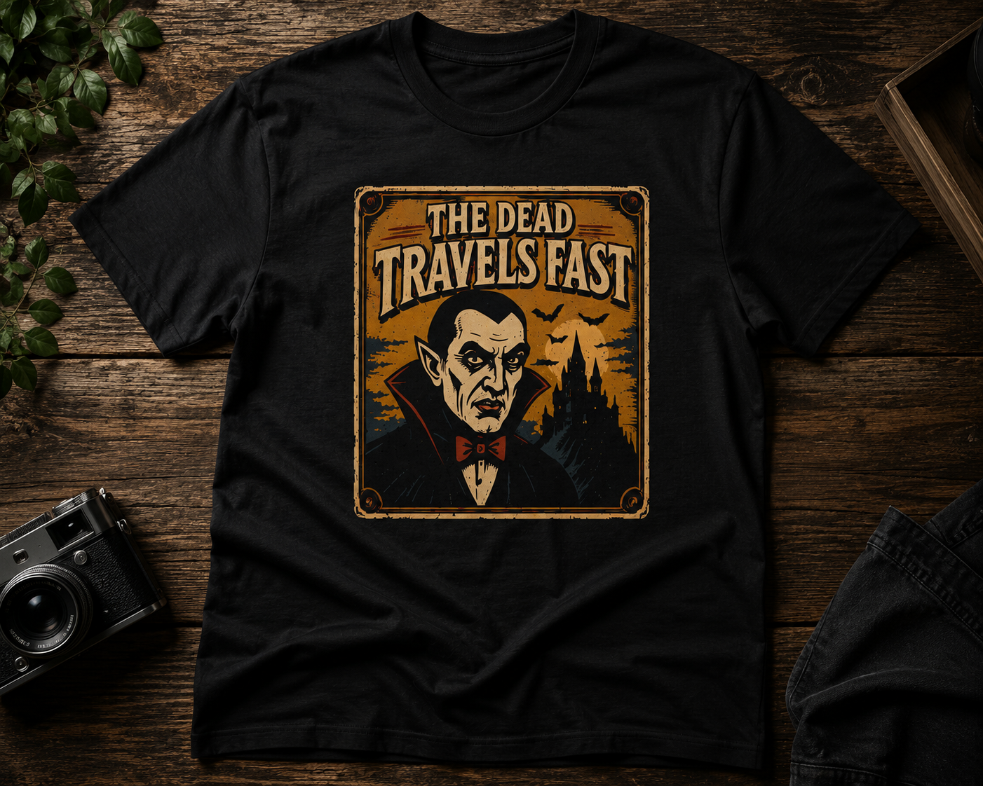 A black short-sleeve graphic t-shirt laid flat on a rustic dark wood background, featuring a vintage-style illustrated print of Dracula with the text 'THE DEAD TRAVELS FAST' in a tan and brown distressed box graphic.