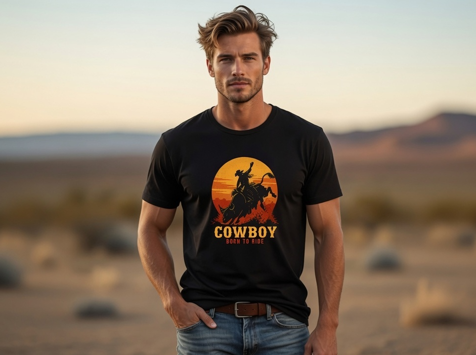 Cowboy Born to Ride T-Shirt – Western Sunset Graphic Tee