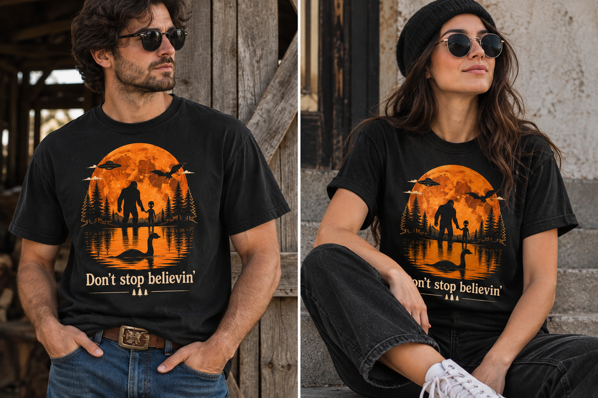 Two models wearing matching black graphic t-shirts with a design of a father and child silhouetted against an orange full moon over a lake, with the text 'Don't stop believin'' below.