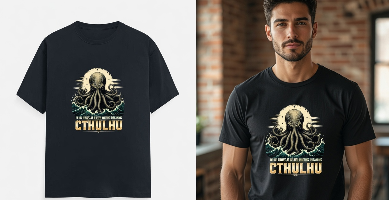 A black short-sleeve graphic T-shirt shown on a plain light background on the left, and worn by a man in an indoor setting on the right. The shirt features a large octopus illustration with the word 'CTHULHU' in bold yellow text and smaller white text above.
