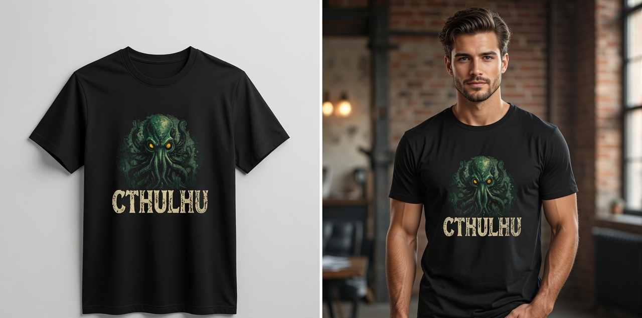A black short-sleeve graphic T-shirt shown in two views: a flat product shot on the left and a male model wearing it in an indoor loft setting on the right. The shirt features a green Cthulhu creature graphic with glowing yellow eyes and the word 'CTHULHU' in distressed gold lettering below.