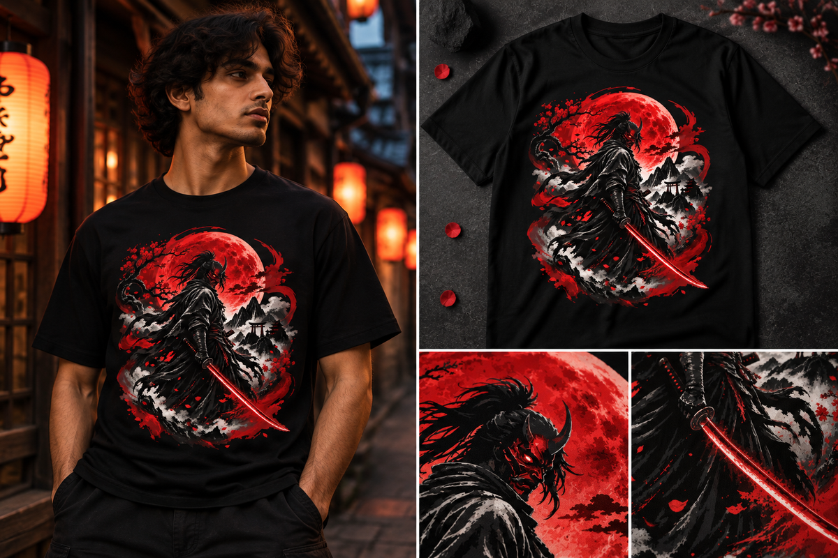 A black graphic T-shirt featuring a dramatic red, black, and white samurai illustration with a glowing red moon and sword. The left panel shows a man wearing the shirt in an outdoor nighttime street setting with lanterns.
