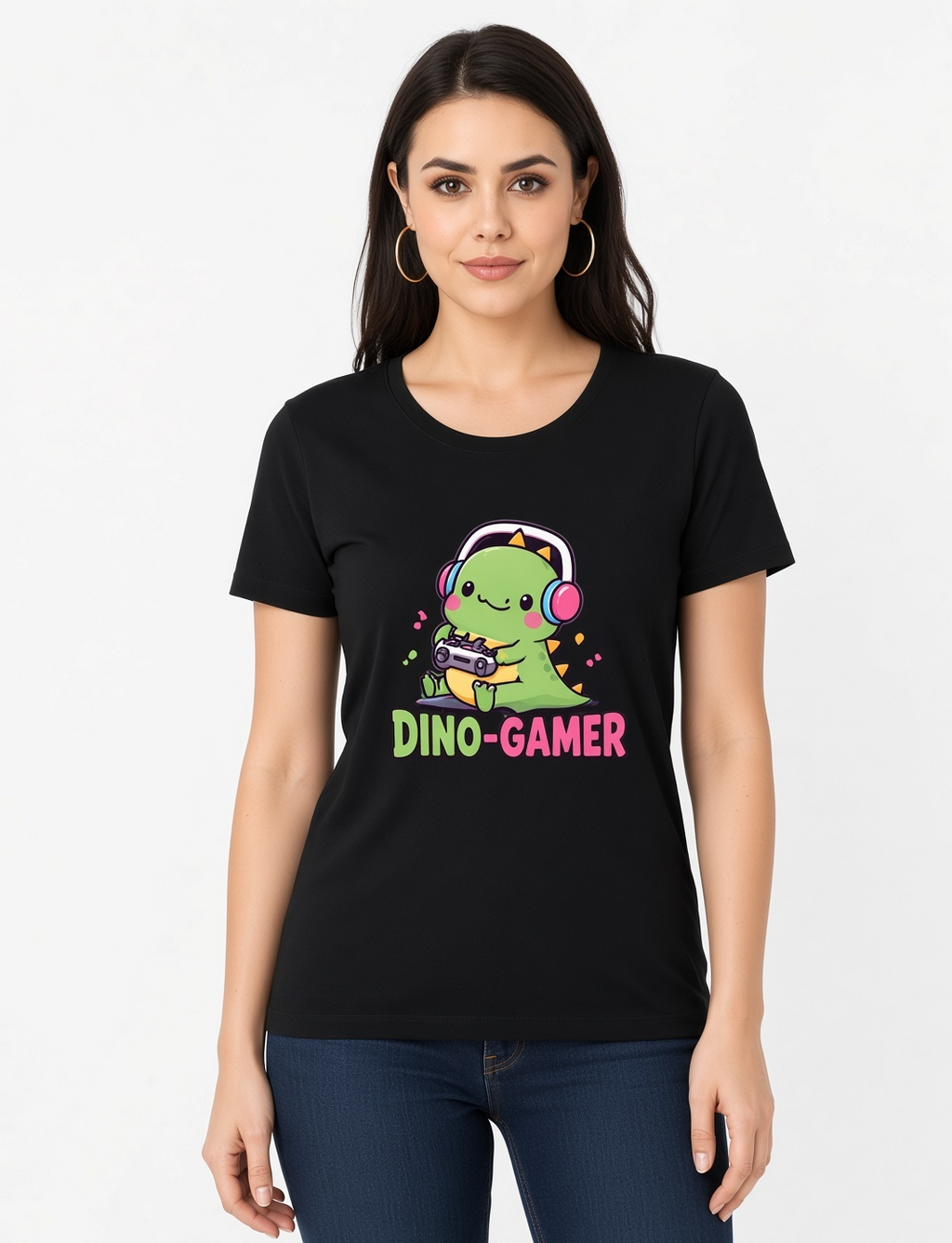 Dino Gamer T-Shirt – Cute Cartoon Dinosaur Gaming Tee