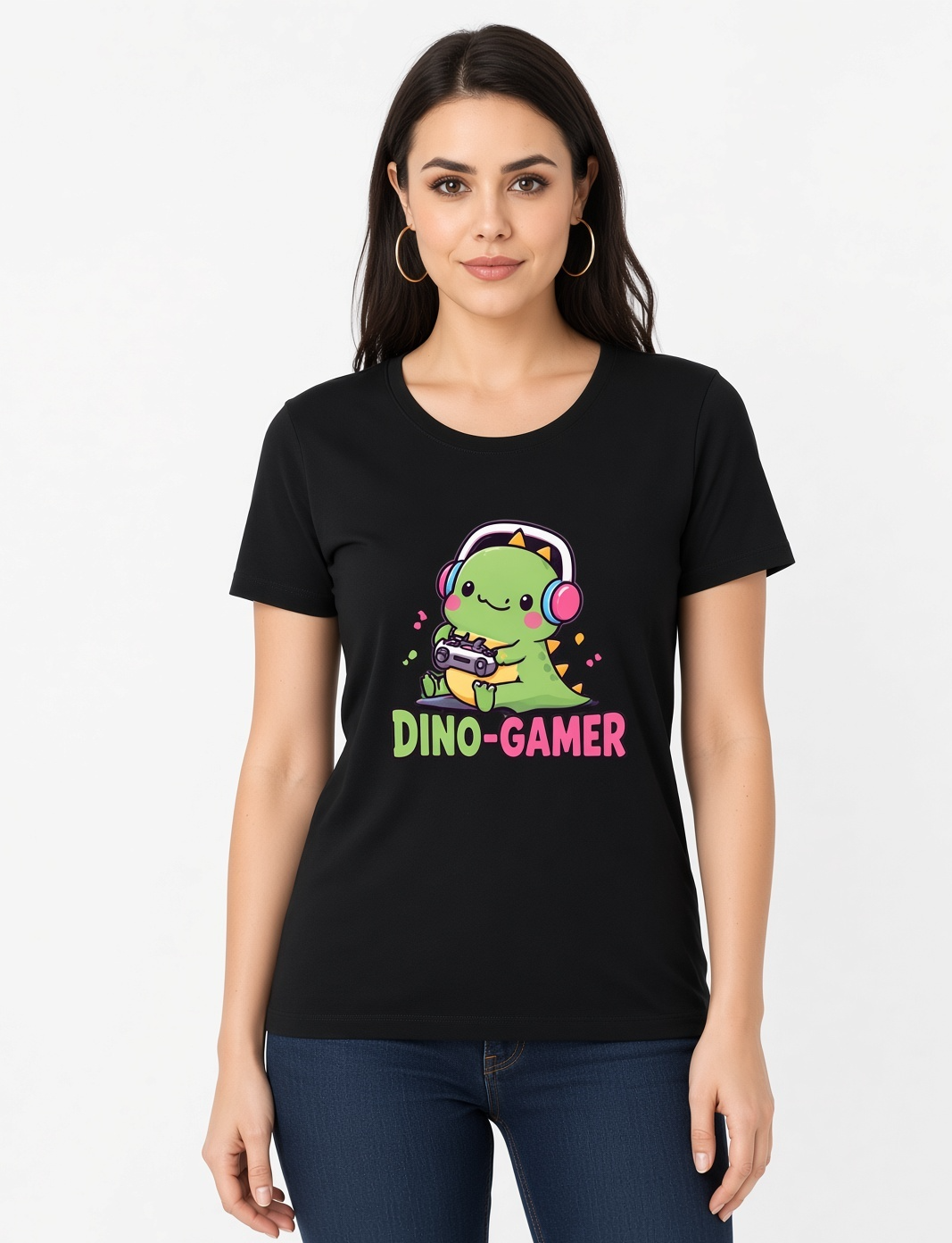 Dino Gamer T-Shirt – Cute Cartoon Dinosaur Gaming Tee