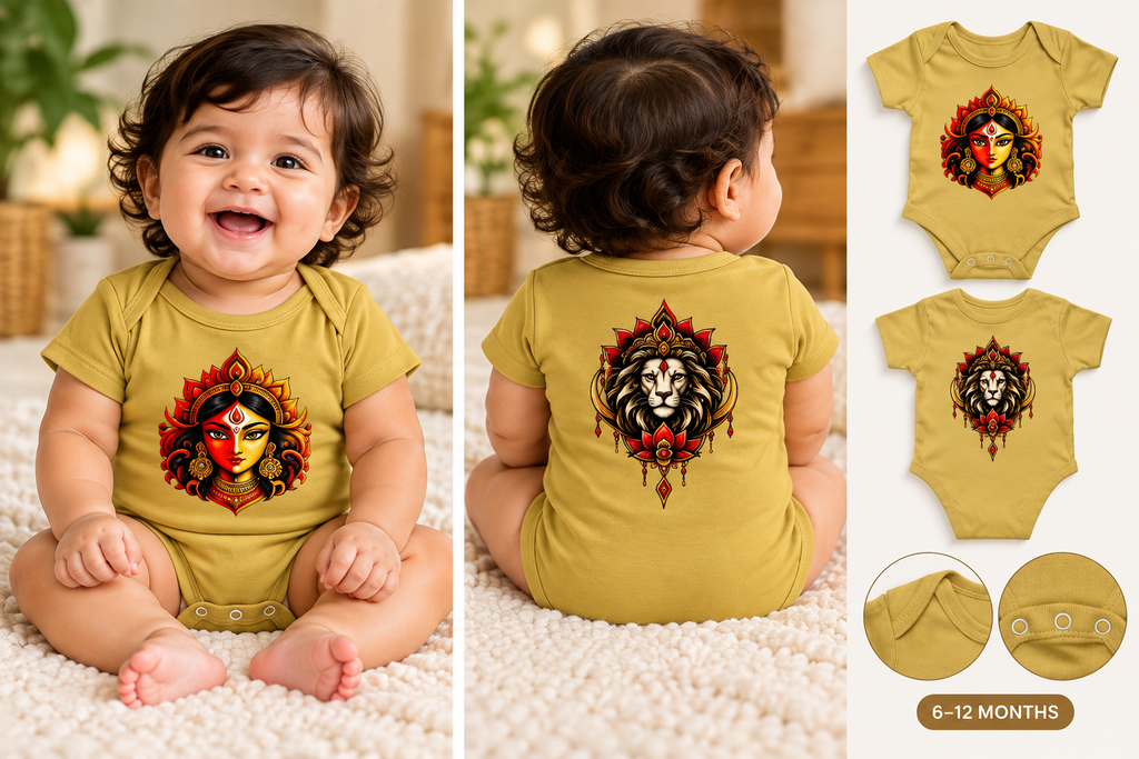 A baby romper shown on a toddler in front and back views, plus smaller flat product views on the right. The romper is mustard yellow with a large printed graphic: a lion face on the back and a stylized woman's face with flames on the front.