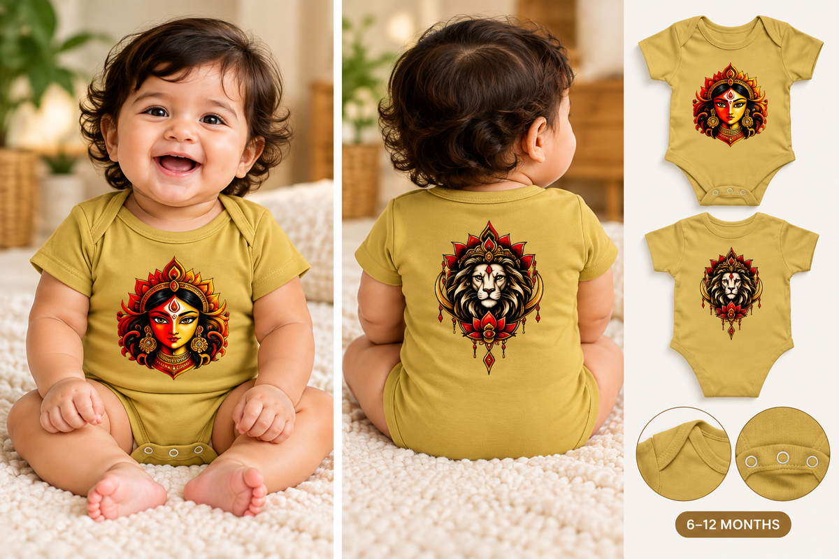 A baby romper shown on a toddler in front and back views, plus smaller flat product views on the right. The romper is mustard yellow with a large printed graphic: a lion face on the back and a stylized woman's face with flames on the front.