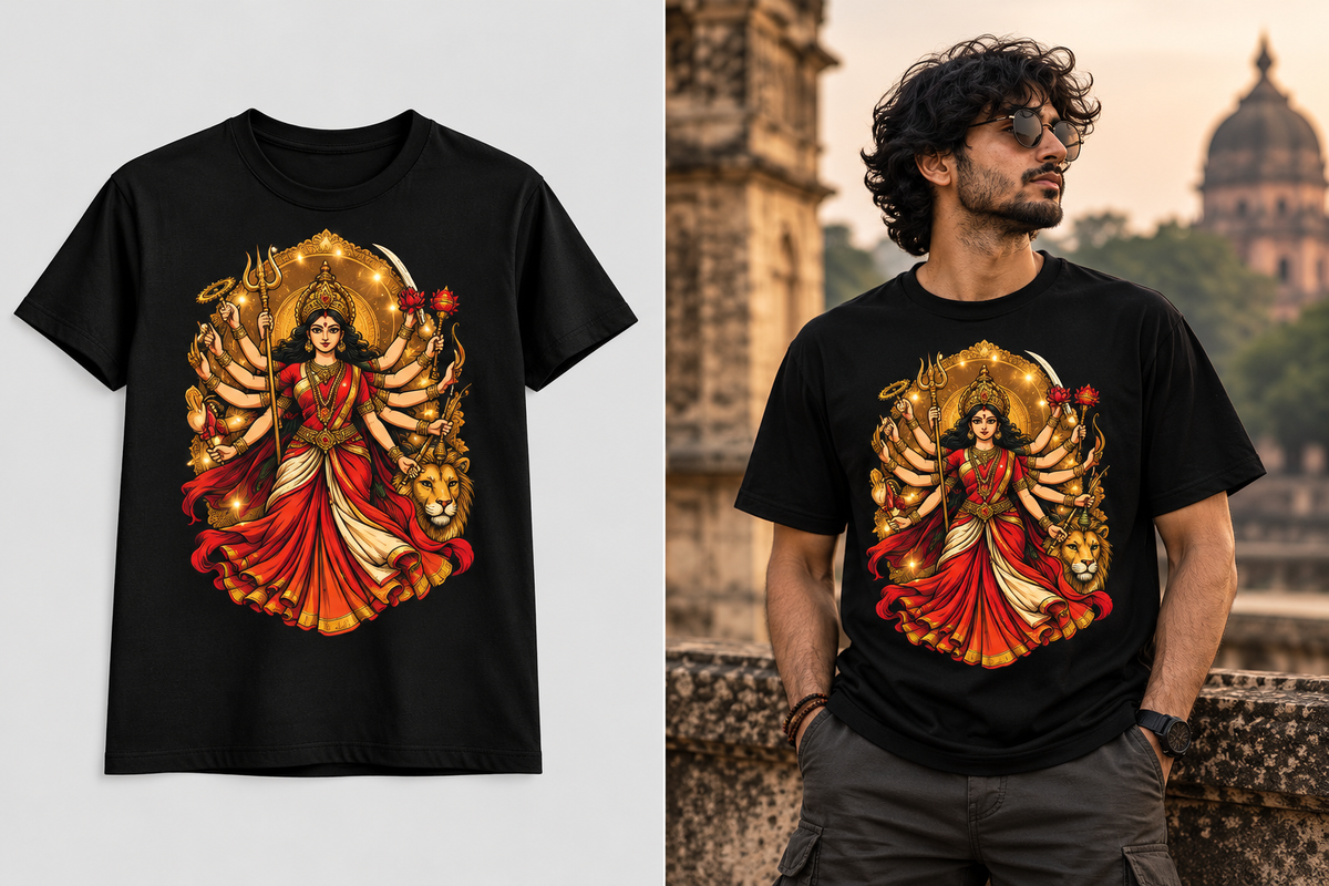 A black short-sleeve graphic T-shirt shown in two views: a flat product shot on the left and worn by a man outdoors on the right. The shirt features a large front print of a multi-armed female deity in a red and gold sari with a lion and ornate golden halo details.