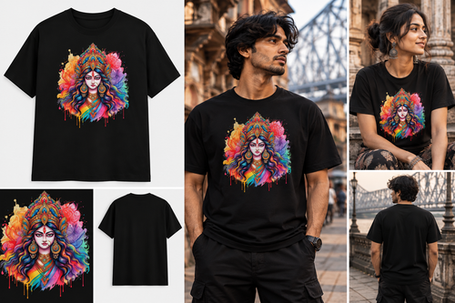 A collage showing a black short-sleeve T-shirt with a large colorful graphic print of a woman's face surrounded by vivid rainbow feathers and hair. The collage includes a clean front product view, a man wearing the shirt outdoors, a woman wearing the shirt indoors, and a back view of the shirt.