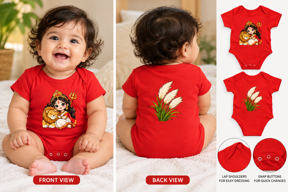 A baby wearing a red short-sleeve bodysuit, shown from the front and back in a home setting. The front features a cartoon illustration of a girl with a trident and a lion, while the back has a graphic of white reeds.