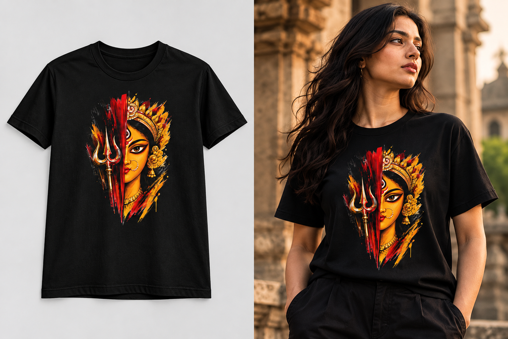 A black short-sleeve T-shirt with a large colorful graphic print of a stylized female face and ornate headdress, shown both as a flat product shot on the left and worn by a woman on the right against an outdoor architectural background.